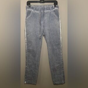 Women's Washed Blue Drawstring Trousers with Side Stripe